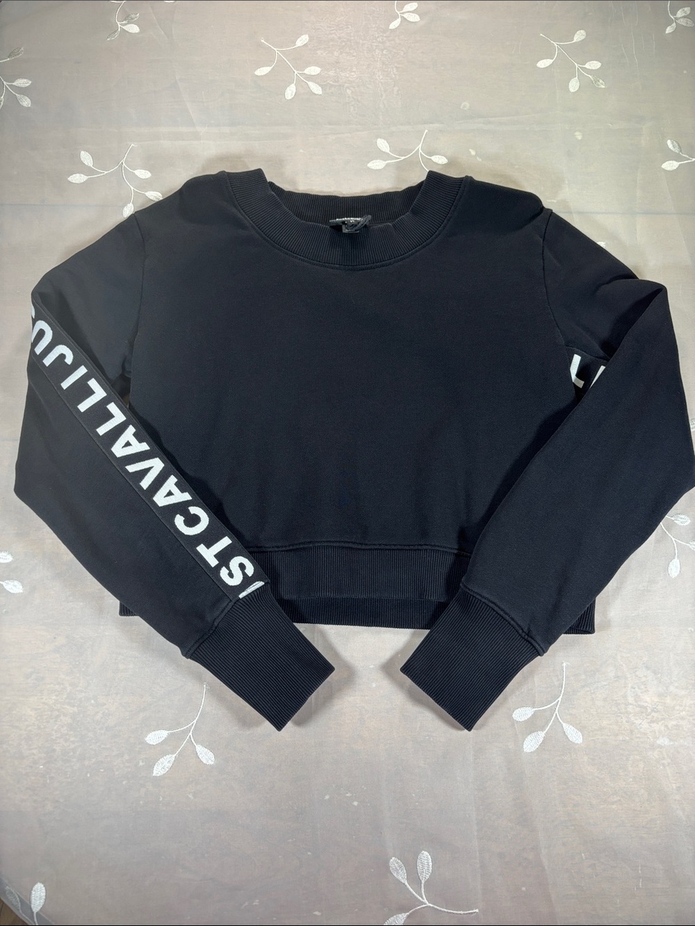 Just Cavalli Black Cropped Sweatshirt with White Sleeve Logo Woman Sz Medium